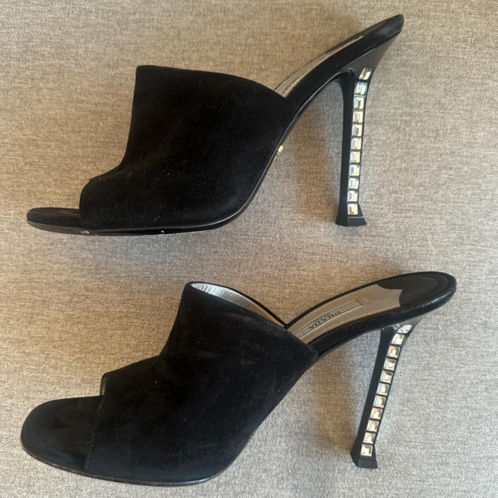 Prada Black Suede Crystal Embellishments Mules/ Slides/ Heels/ Sandals - Picture 5 of 7